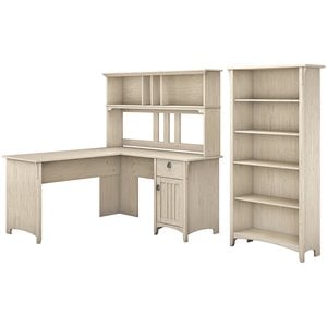 Salinas L Shaped Desk with Hutch and Bookcase in Antique White - Engineered Wood