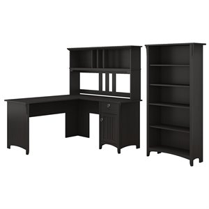 Bush Furniture Salinas 60W L Shaped Wood Desk with Hutch Bookcase in Black