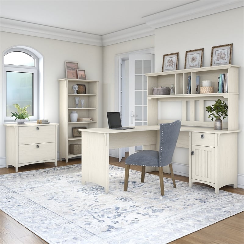 Bush Furniture Salinas L Shaped Wood Desk with Hutch & Storage in Antique White