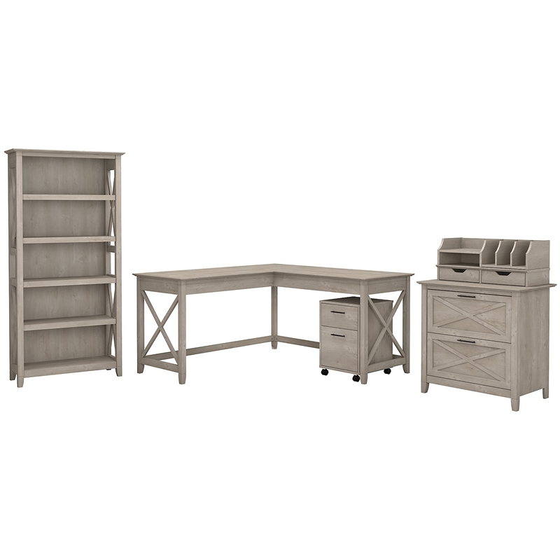 Bush Furniture Key West 60W L Shaped Desk with Storage Set in Washed