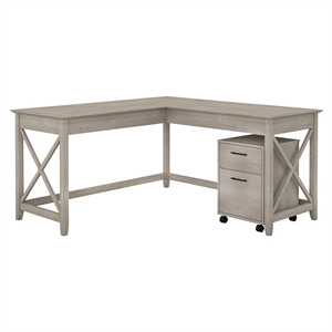 Bush Furniture Key West 60W L Desk With Mobile Pedestal File Cabinet