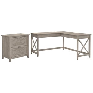 bush furniture key west 60w l shaped desk with file cabinet in washed gray