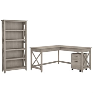 Bush Furniture Key West 60W L Desk with Cabinet & Bookcase in Washed Gray