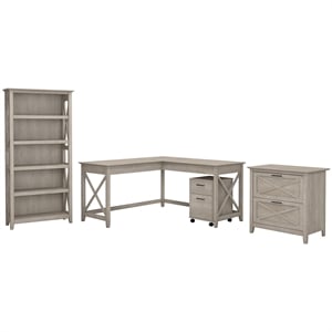 bush furniture key west 60w l desk with cabinets & bookcase in washed gray