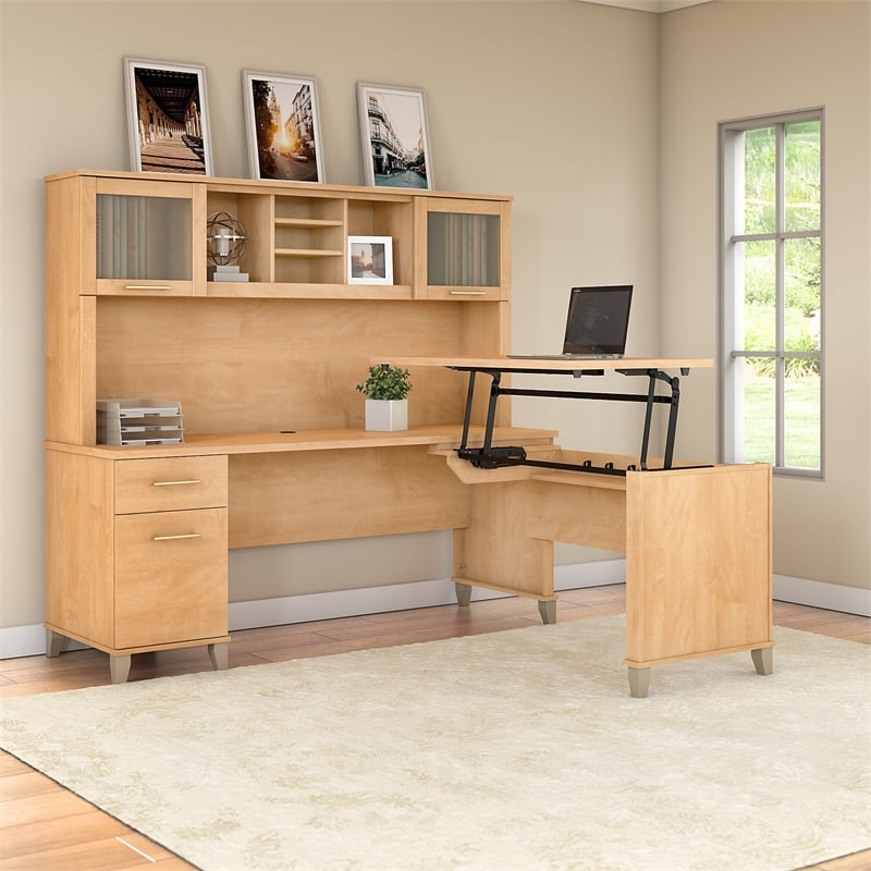 Somerset 72W Sit Stand L Desk with Hutch in Maple Cross - Engineered Wood