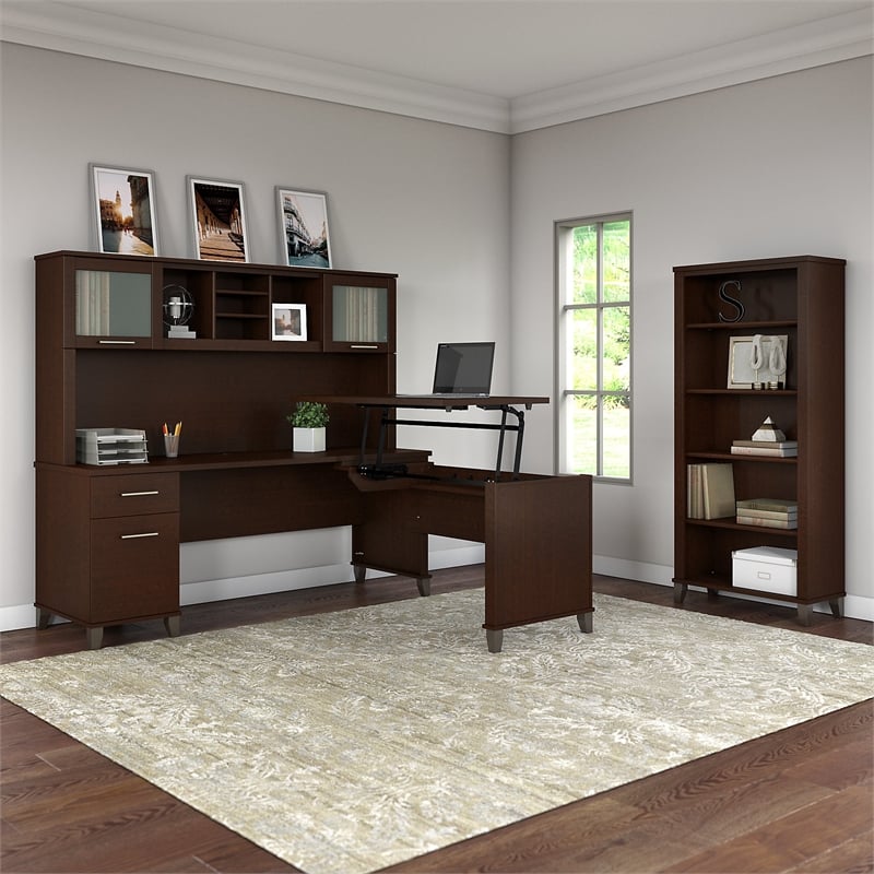 Bush Furniture Somerset Sit to Stand L Desk with Hutch and Bookcase in Cherry