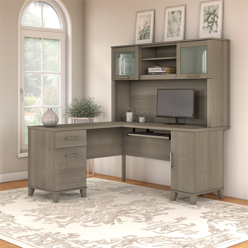 Bush Furniture Somerset 60W L Desk with Hutch in Ash Gray - Engineered Wood