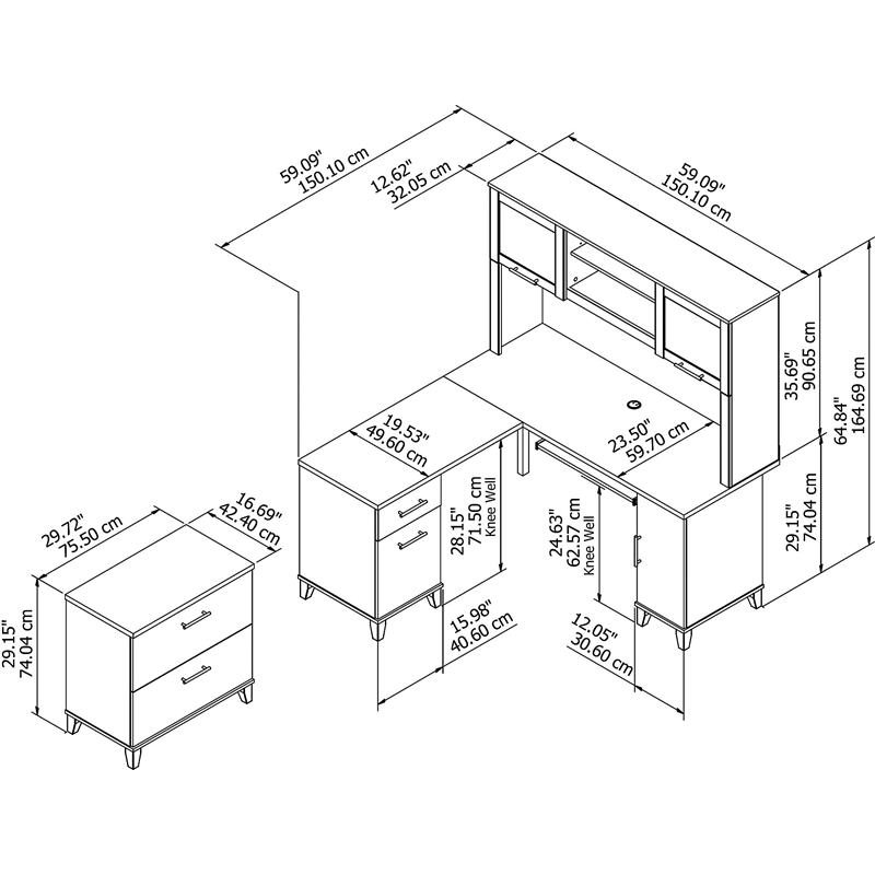 Somerset Engineered Wood 60W L Shaped Desk Hutch and Lateral File in Ash Gray