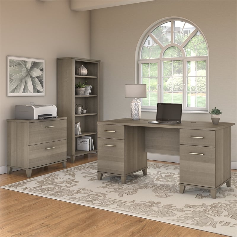 Bush Furniture Somerset 60W Desk with File Cabinet & Bookcase in Ash Gray