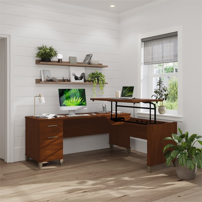 Somerset 72W 3 Position Sit to Stand L Desk in Hansen Cherry - Engineered Wood