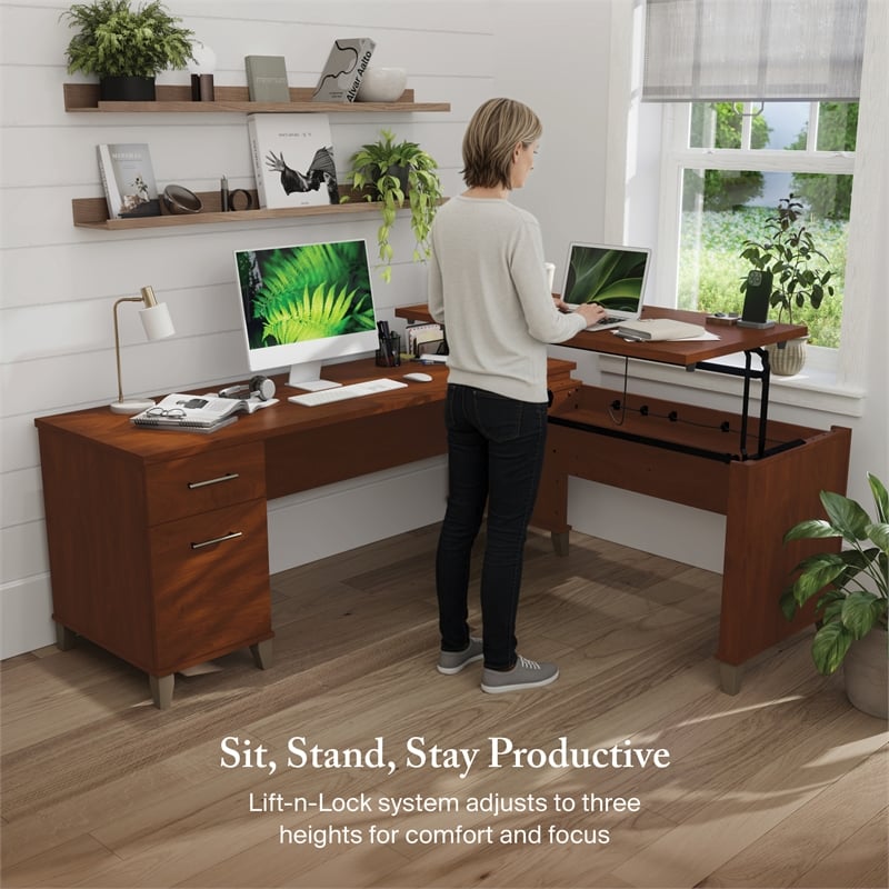 Somerset 72W 3 Position Sit to Stand L Desk in Hansen Cherry - Engineered Wood