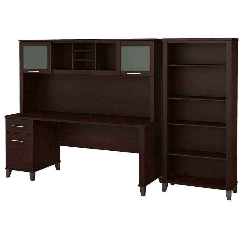 Bush Furniture Somerset 72W Desk with Hutch and Bookcase in Mocha Cherry