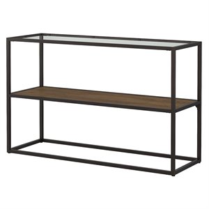 anthropology glass top console table in rustic brown - metal and glass
