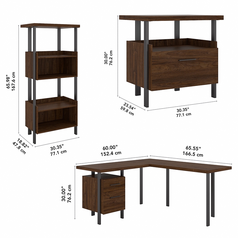 Bush Architect L Shaped Desk Lateral File Cabinet and 4 Shelf Bookcase in Walnut