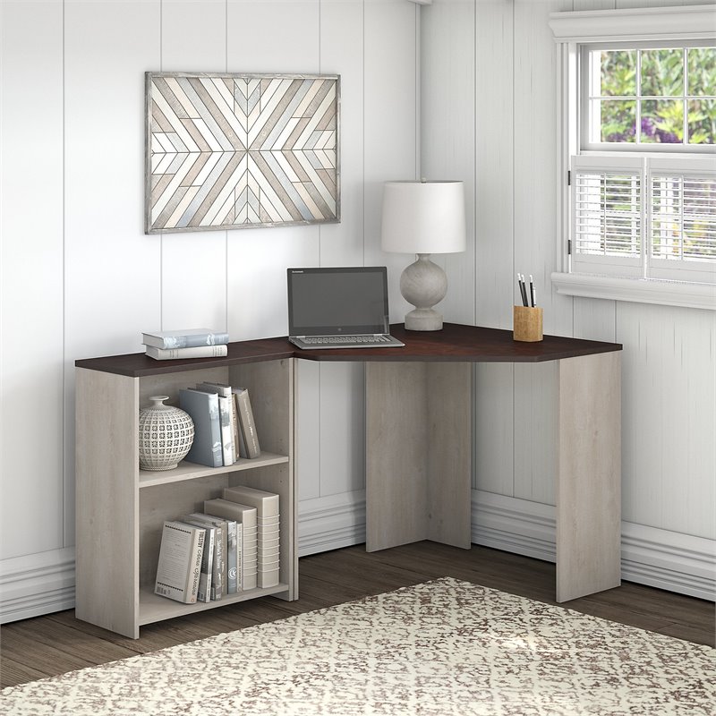 Townhill Corner Desk with Bookcase in Washed Gray & Madison Cherry