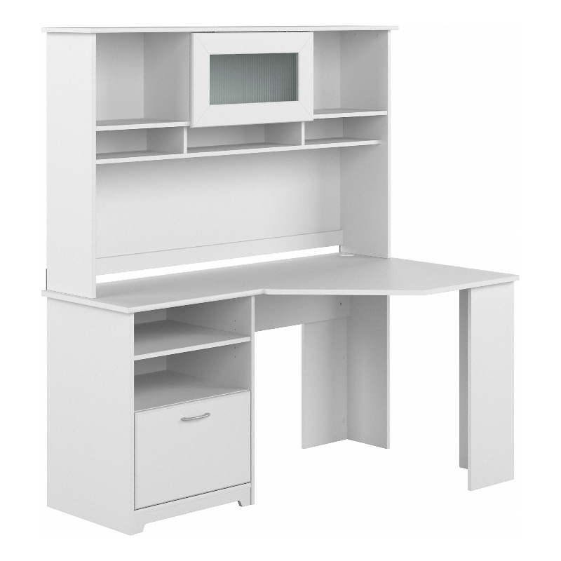 Cabot 60W Corner Desk with Hutch and File Storage in White