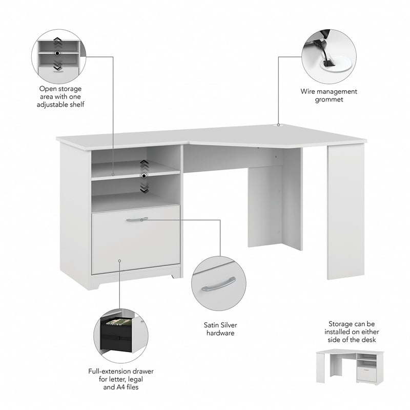 Cabot 60w Corner Desk With File Storage In White - Engineered Wood 