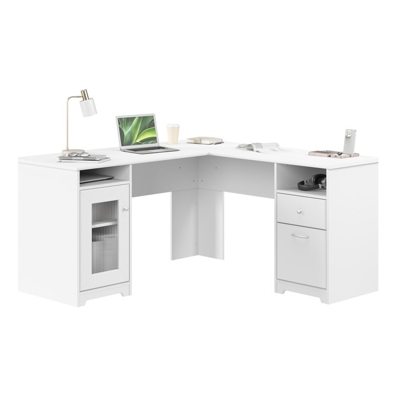 Cabot 60W L Shaped Computer Desk with Storage in White - Engineered Wood