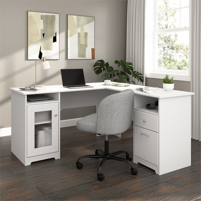 Cabot 60W L Shaped Computer Desk with Storage in White - Engineered Wood