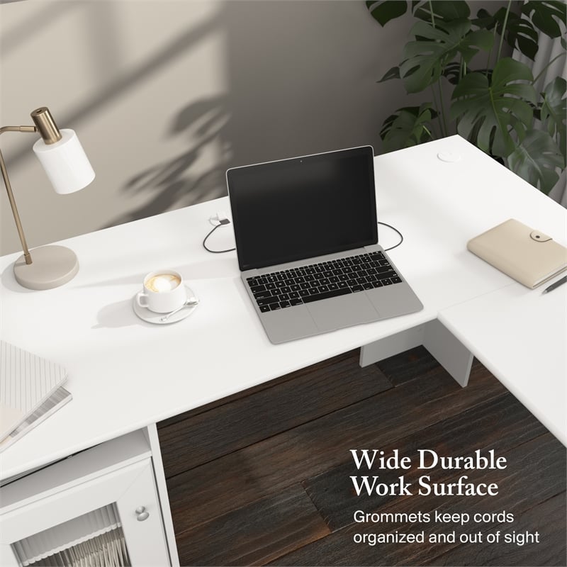 Cabot 60W L Shaped Computer Desk with Storage in White - Engineered Wood