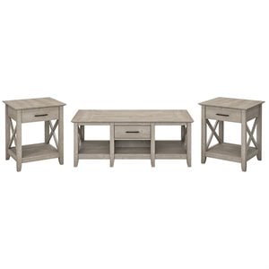 bush furniture key west coffee table with set of 2 end tables in washed gray