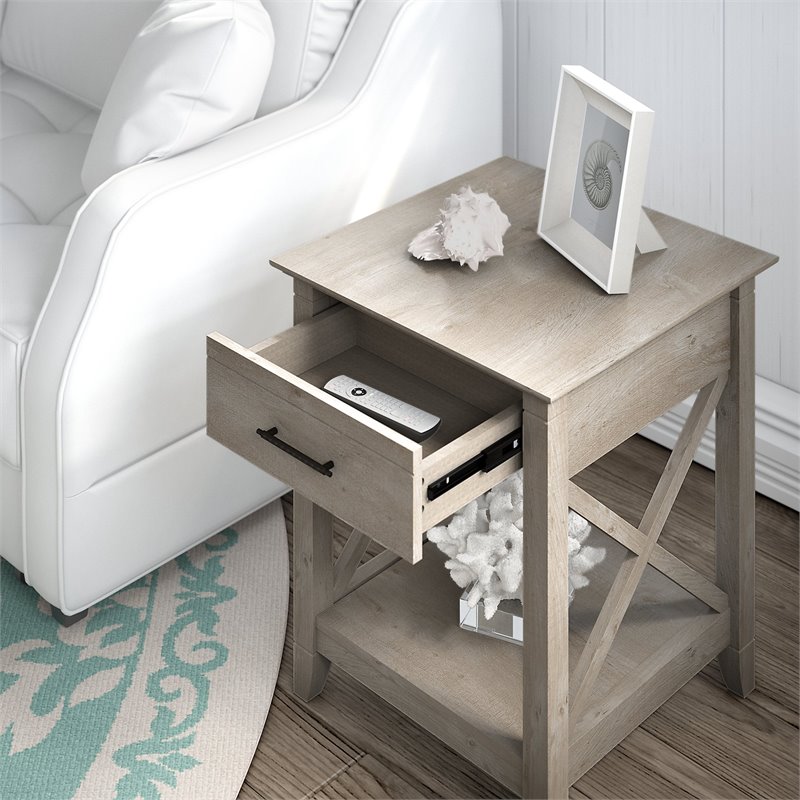 Bush Furniture Key West End Table with Storage in Washed Gray