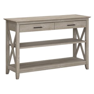 bush furniture key west console table with drawers & shelves in washed gray