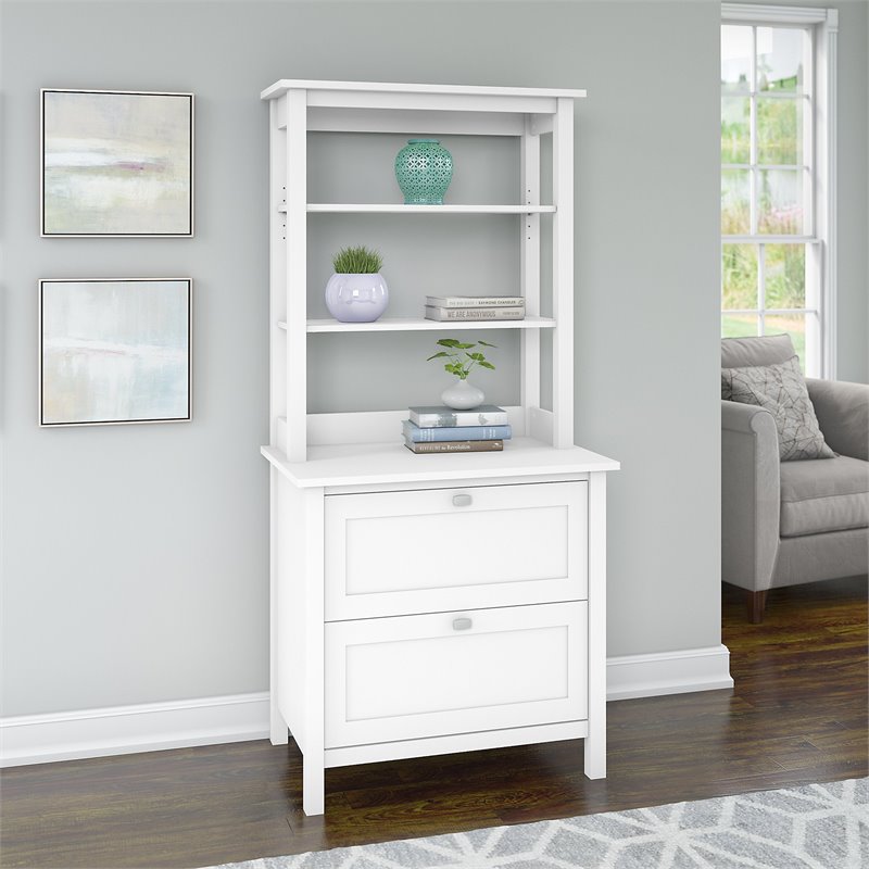 Bush Furniture Broadview Bookcase with Drawers in Pure White