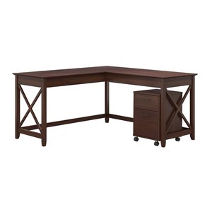 Bush Furniture Key West 60W L Desk With Mobile Pedestal File Cabinet