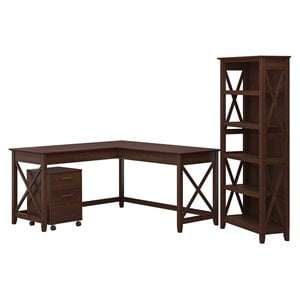 Bush Furniture Key West 60W L Desk, Pedestal File Cabinet and Bookcase