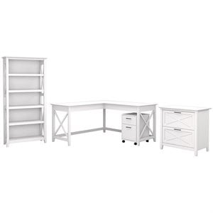 Bush Furniture Key West 60W L Shaped Desk with File Cabinets and Bookcase