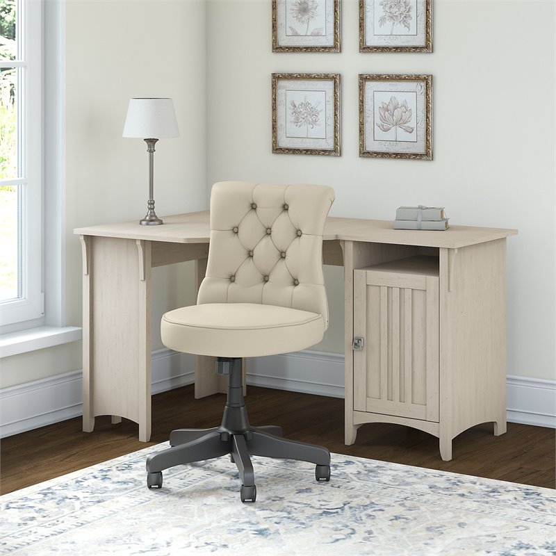 Salinas 55W Corner Desk and Chair Set in Antique White Engineered