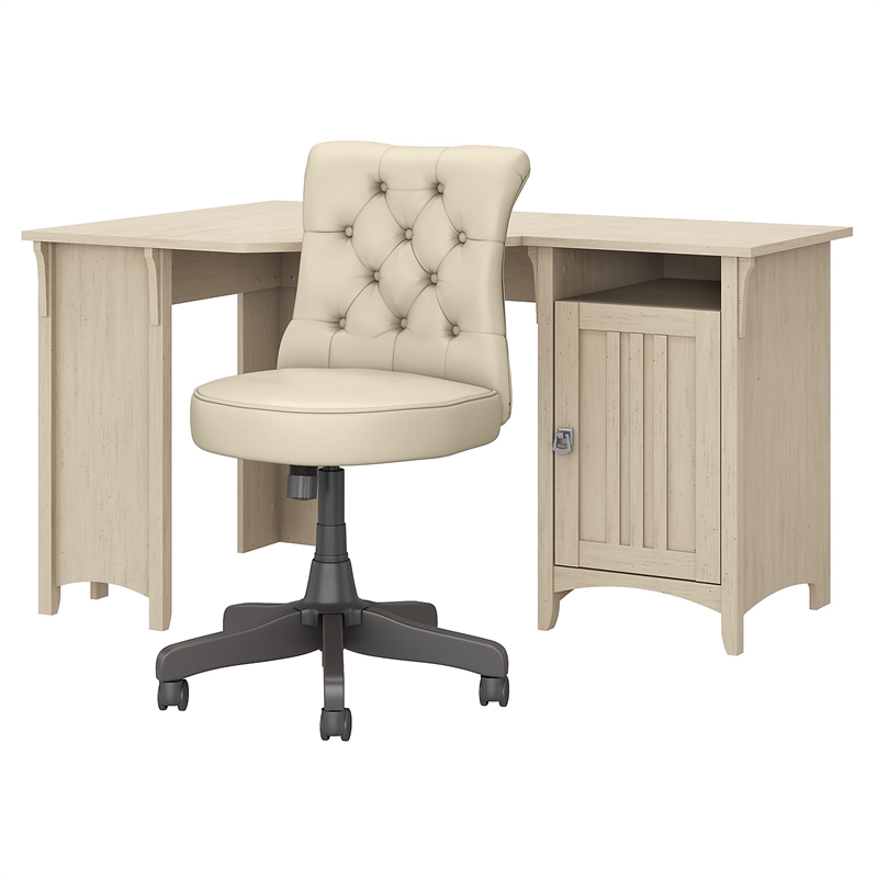 Salinas 55W Corner Desk and Chair Set in Antique White Engineered