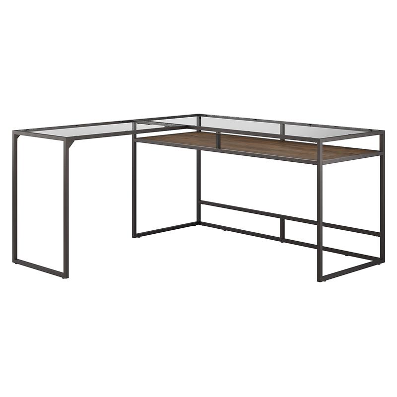 Anthropology 60W Glass Top L Shaped Desk in Rustic Brown Engineered