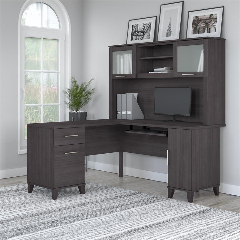 Somerset 60W L Shaped Desk with Hutch in Storm Gray - Engineered Wood ...