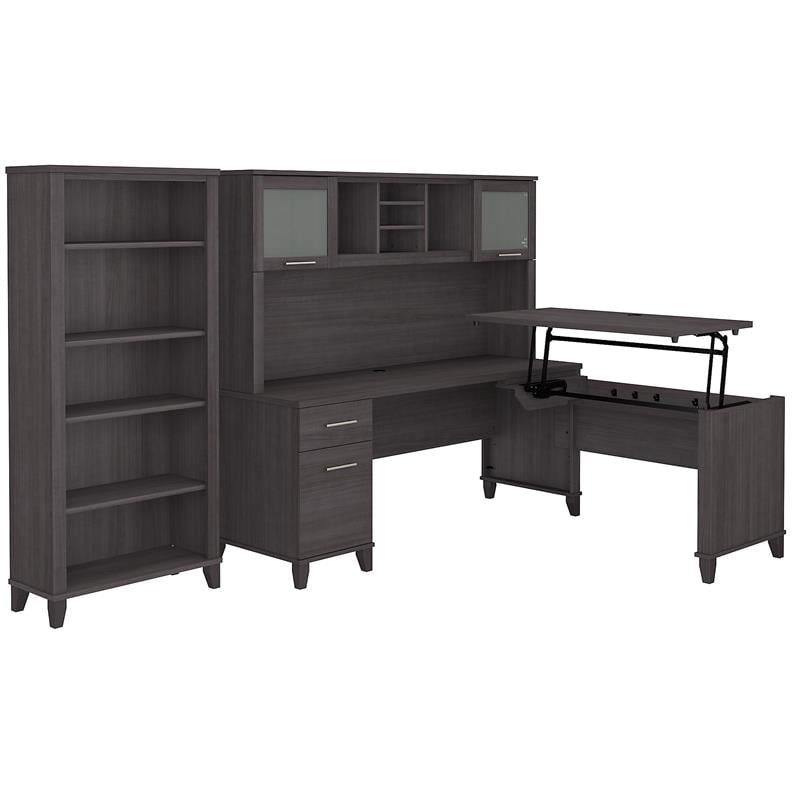 Somerset Sit to Stand L Desk Set with Bookcase in Storm Gray