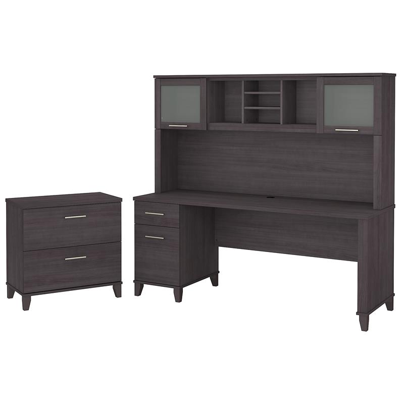 Somerset 72W Desk with Hutch and File in Storm Gray Engineered Wood