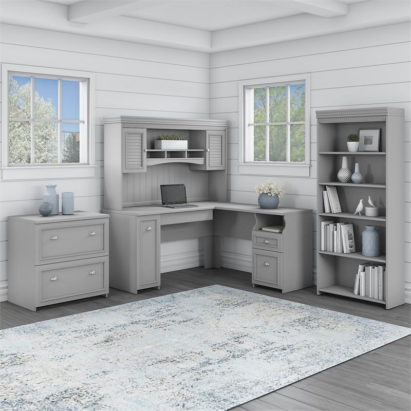 Bush Furniture Fairview L Shaped Desk 4 Pc Set with Storage in Cape Cod Gray