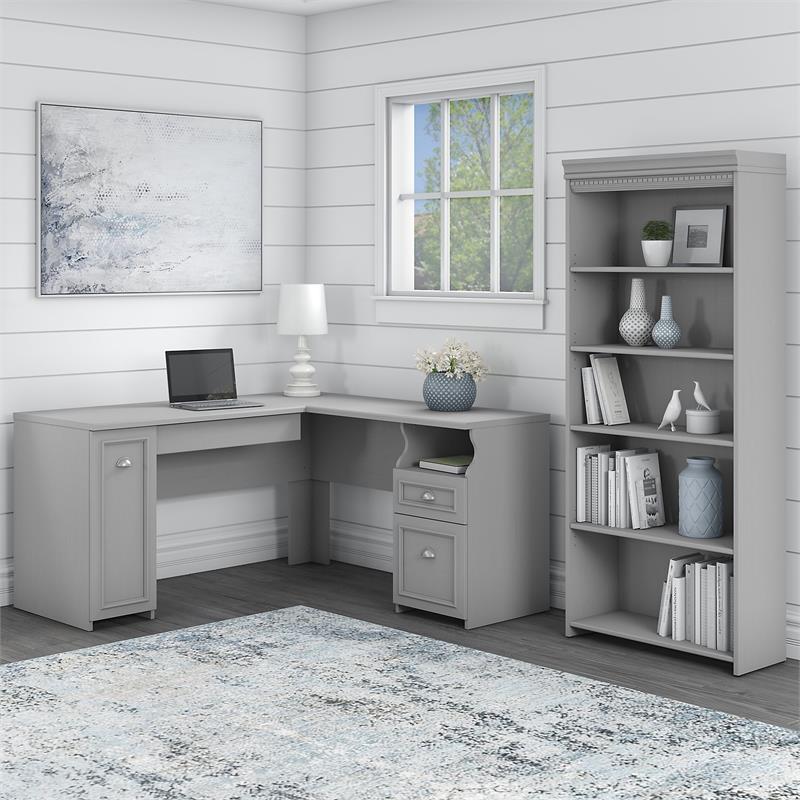 Bush Furniture Fairview L Shaped Desk with 5 Shelf Bookcase in Cape Cod