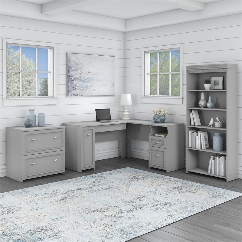 Fairview L Desk with File Cabinet & Bookcase in Cape Cod Gray - Engineered Wood