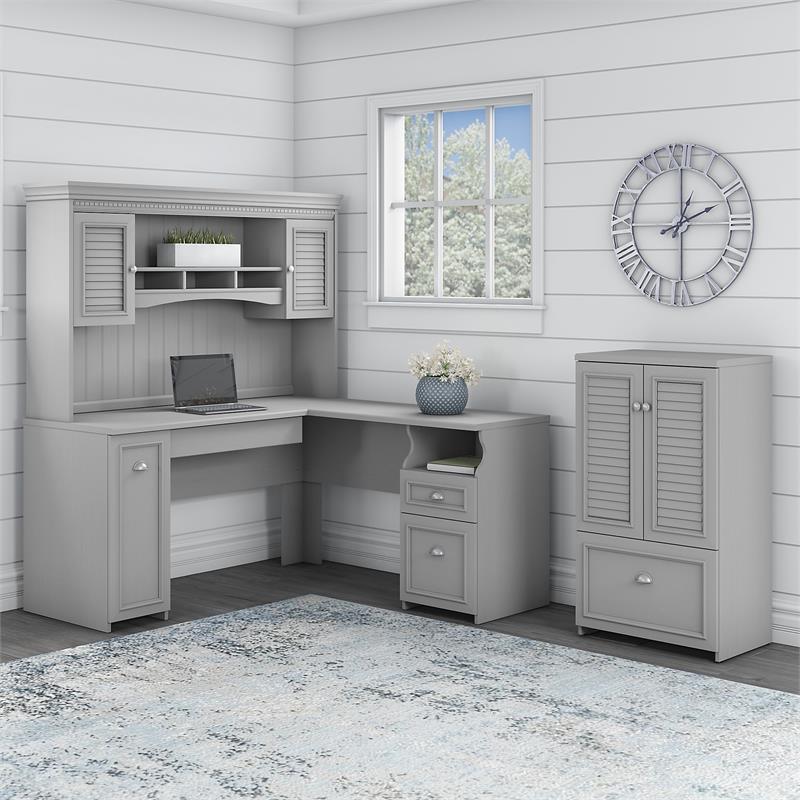 Fairview L Desk 3 Pc Set with Storage Cabinet in Cape Cod Gray - Engineered Wood