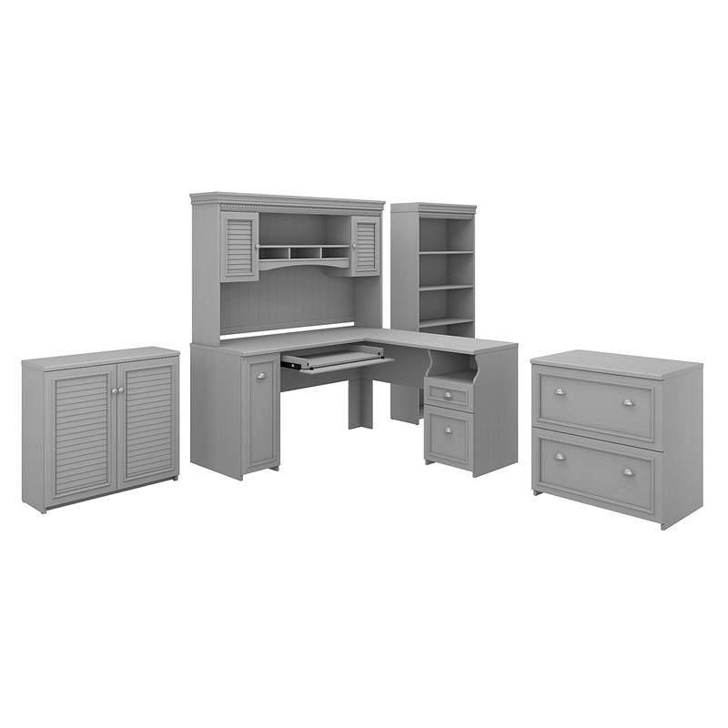 Fairview L Desk 5 Pc Office Set with Storage in Cape Cod Gray - Engineered Wood