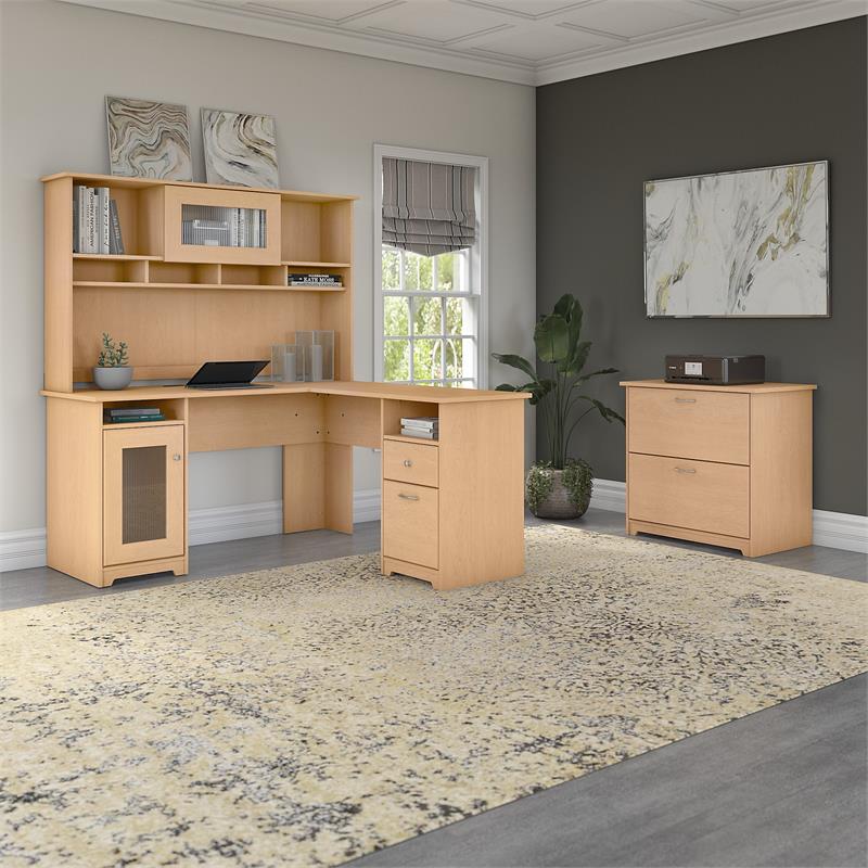 Cabot L Shaped Desk with Hutch & File Cabinet in Natural Maple - Engineered Wood