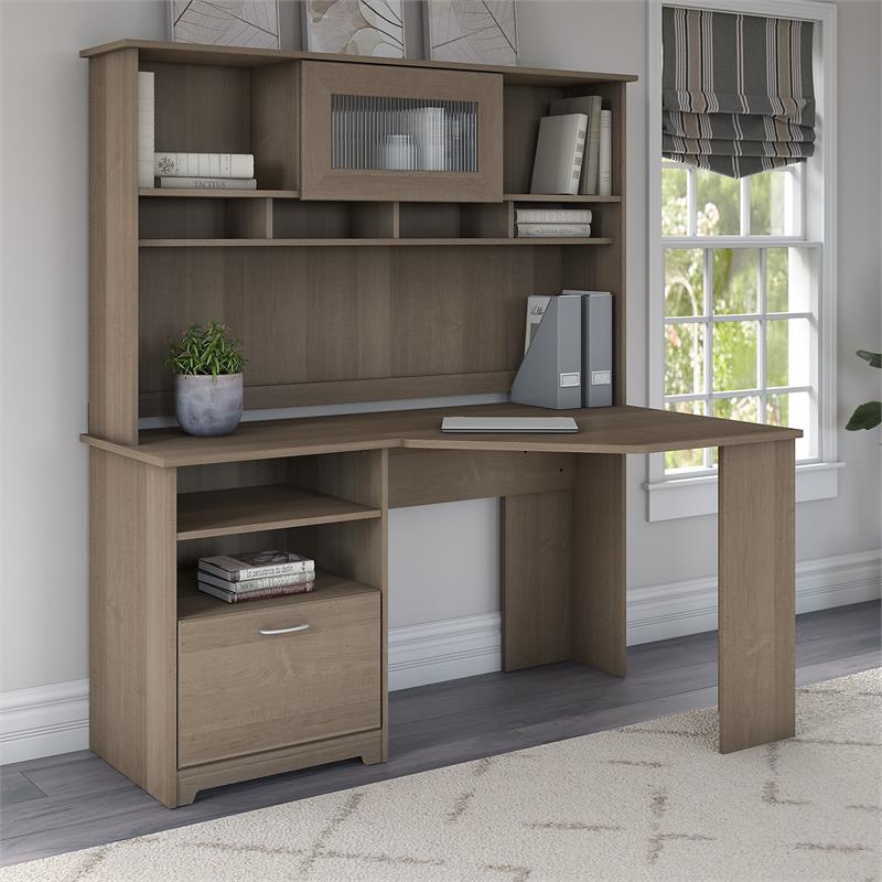 Cabot 60w Corner Desk With Hutch In Ash Gray Engineered Wood Cab008ag