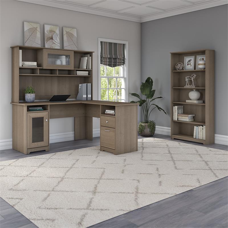 Cabot L Shaped Desk with Hutch and Bookcase in Ash Gray - Engineered Wood