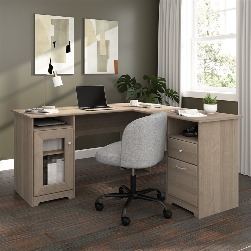 Cabot 60W L Shaped Computer Desk with Storage in Ash Gray - Engineered Wood