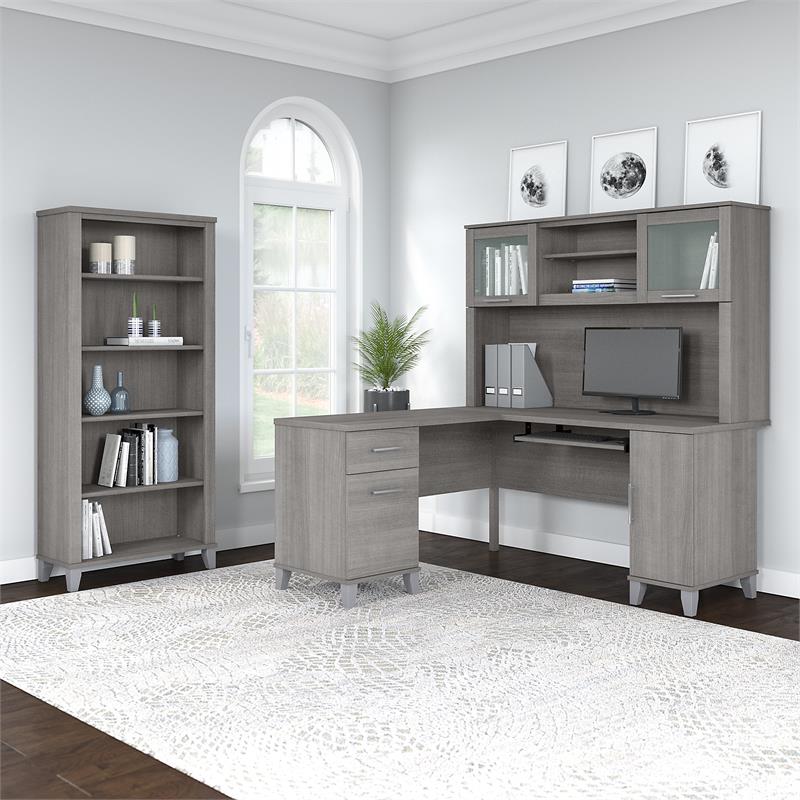 Somerset 60W L Shaped Desk with Hutch and Bookcase in Gray - Engineered Wood