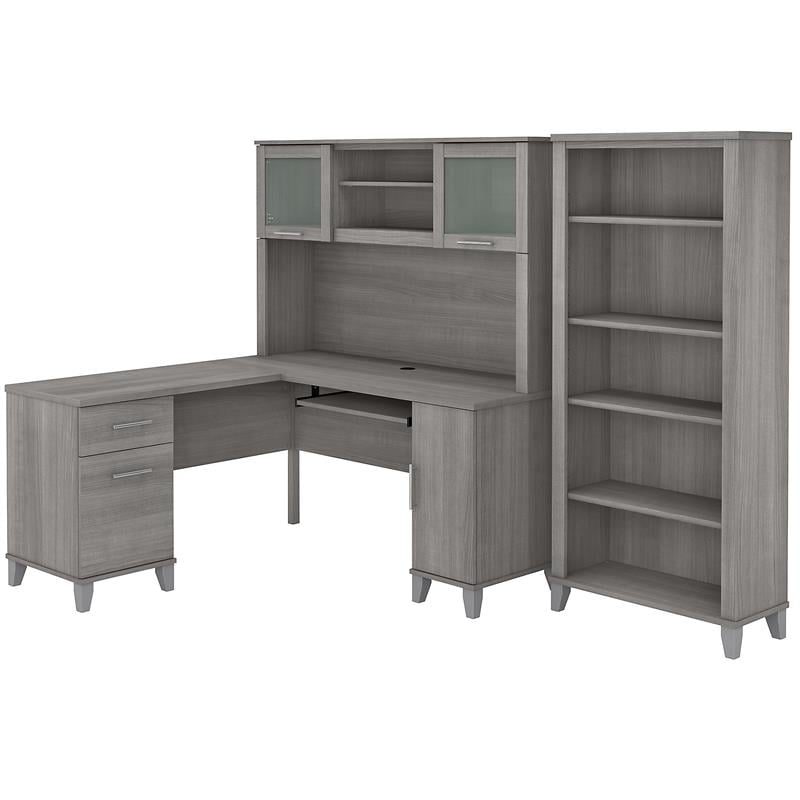 Somerset 60W L Shaped Desk with Hutch and Bookcase in Gray - Engineered Wood