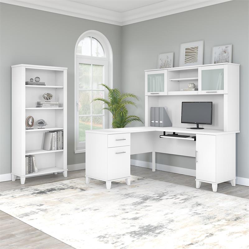 Somerset 60W L Shaped Desk with Hutch and Bookcase in White Engineered Wood Cymax Business
