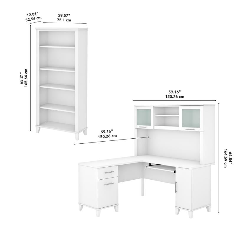 Somerset 60W L Shaped Desk with Hutch and Bookcase in White - Engineered Wood